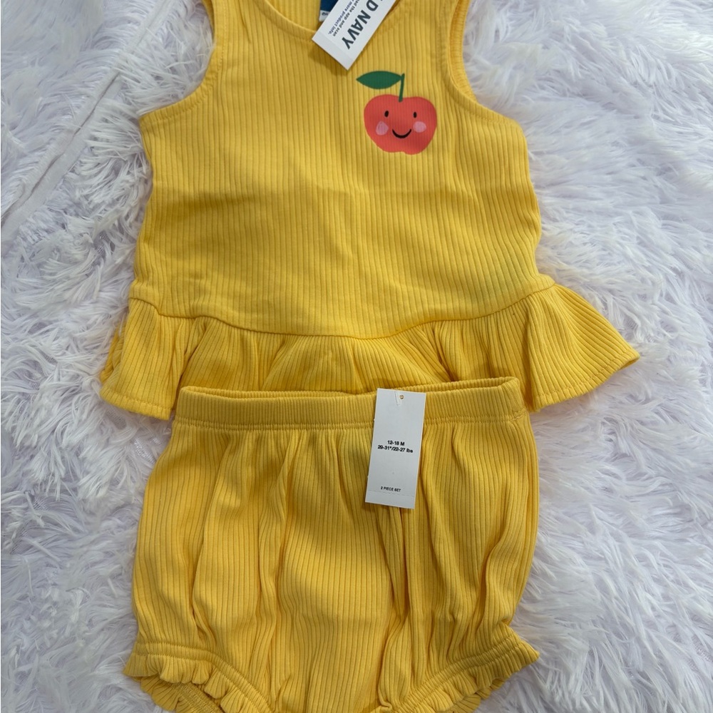Yellow Ribbed Tank & Bloomer Set with Smiling Apple Graphic